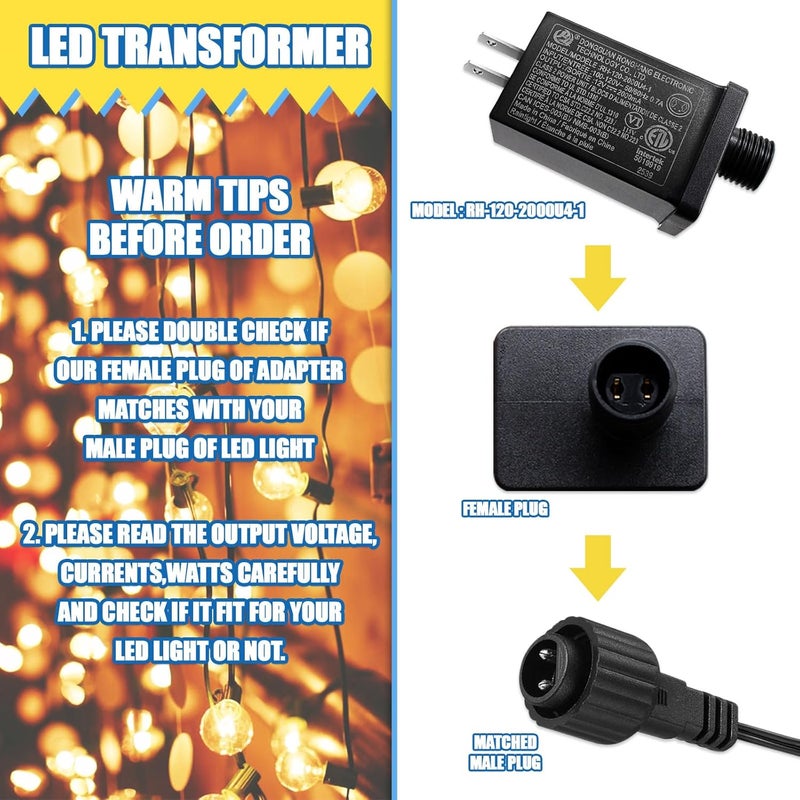 Airoads 12V 2A LED Controller with Extension Cord, 24W Class 2 Power Supply Ip44 Low Voltage Transformer ，Replacement Model RH-120V2000U4-1 for Christmas String Light Inflatable Decorations (12V 2A 1PCS) - Image 2